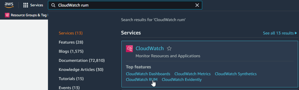 cloudwatch rum navigation